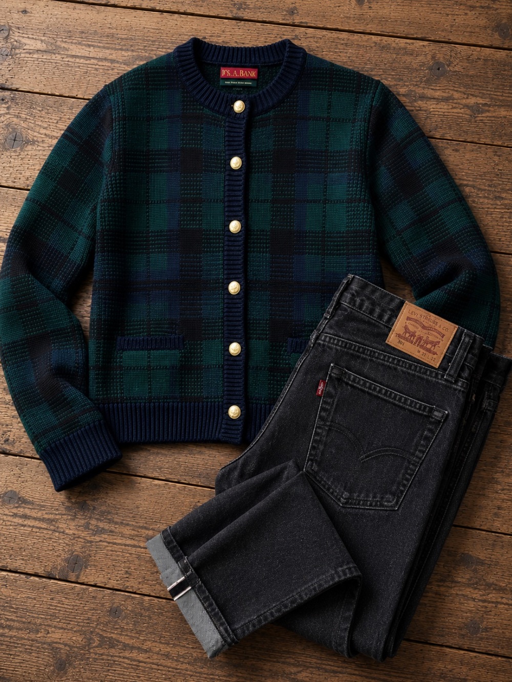Black Watch Plaid Wool Cardigan Gold Crest Buttons | Jos A Bank | Medium